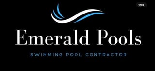 Emerald Pools logo - swimming pool contractor with blue water wave design on black background